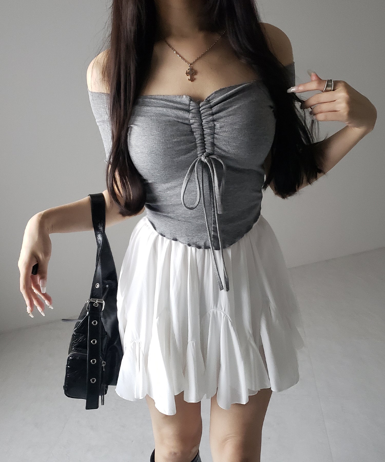 【 2color /インパン裏地付き 】ハイウエストドレープフレアミニスカート / high waist draped flare mini skirt