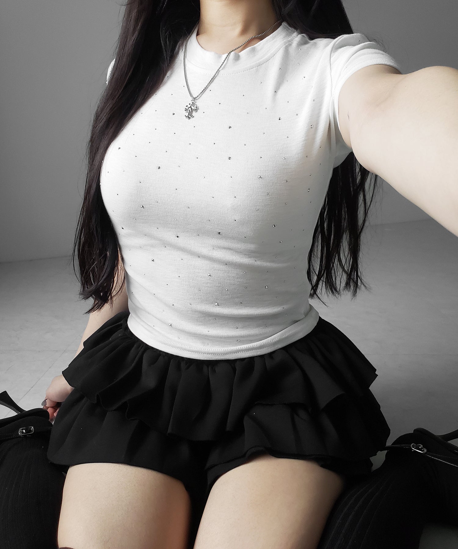 ラインストーン半袖タイトTシャツ / Rhinestone short sleeve tight T-shirt