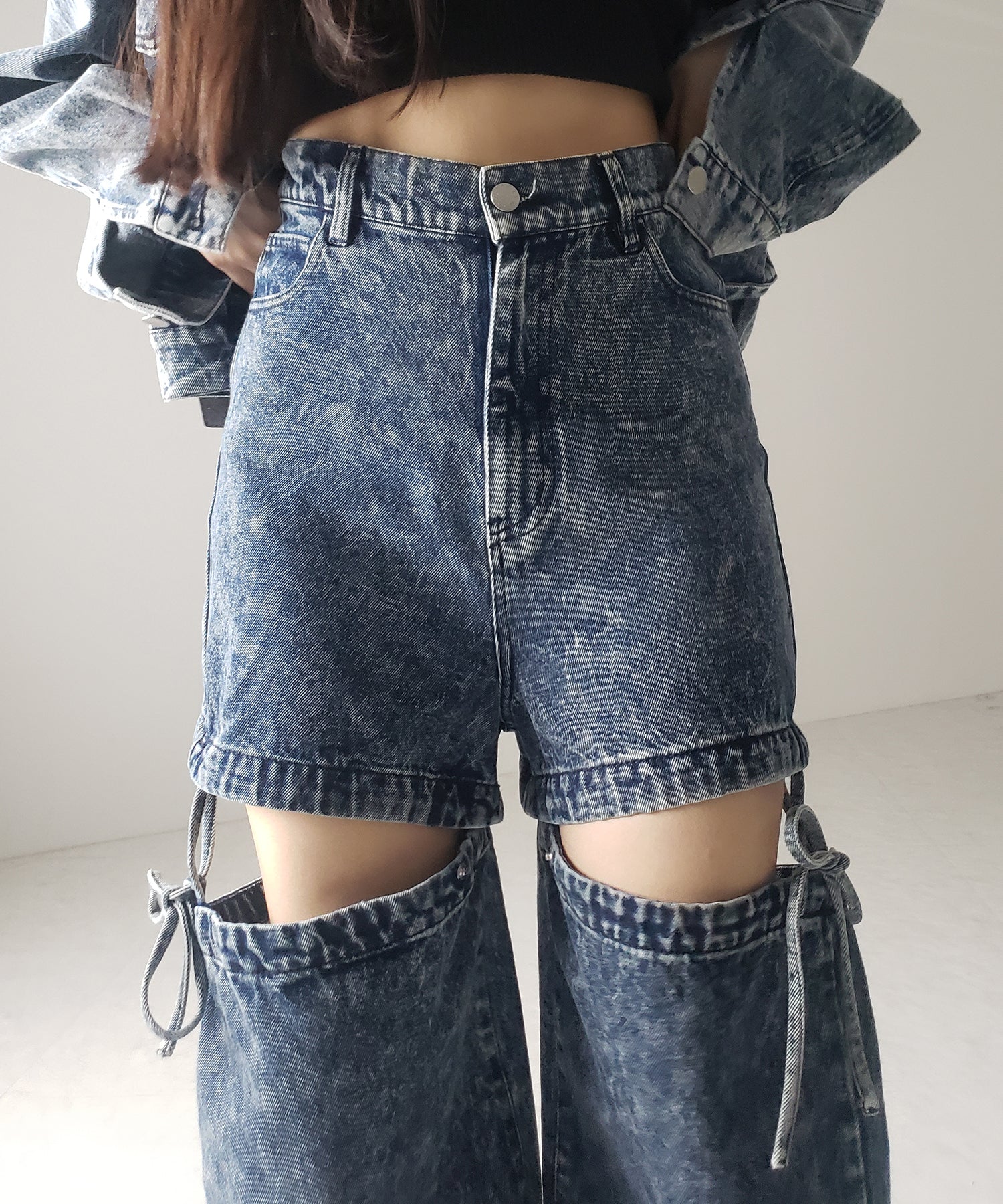 【 セットアップ着用可能 】2WAYヴィンテージケミカルブリーチカットアウトリボンデニム / 2WAY vintage chemical bleach cutout ribbon denim