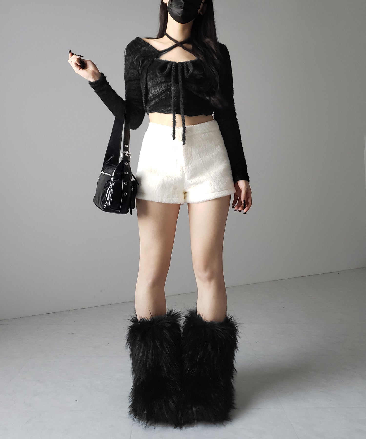 【 2点セット 】シャギーリボンベアトップス & ショートシャギーカーディガン SET / Shaggy ribbon bare tops & short shaggy cardigan
