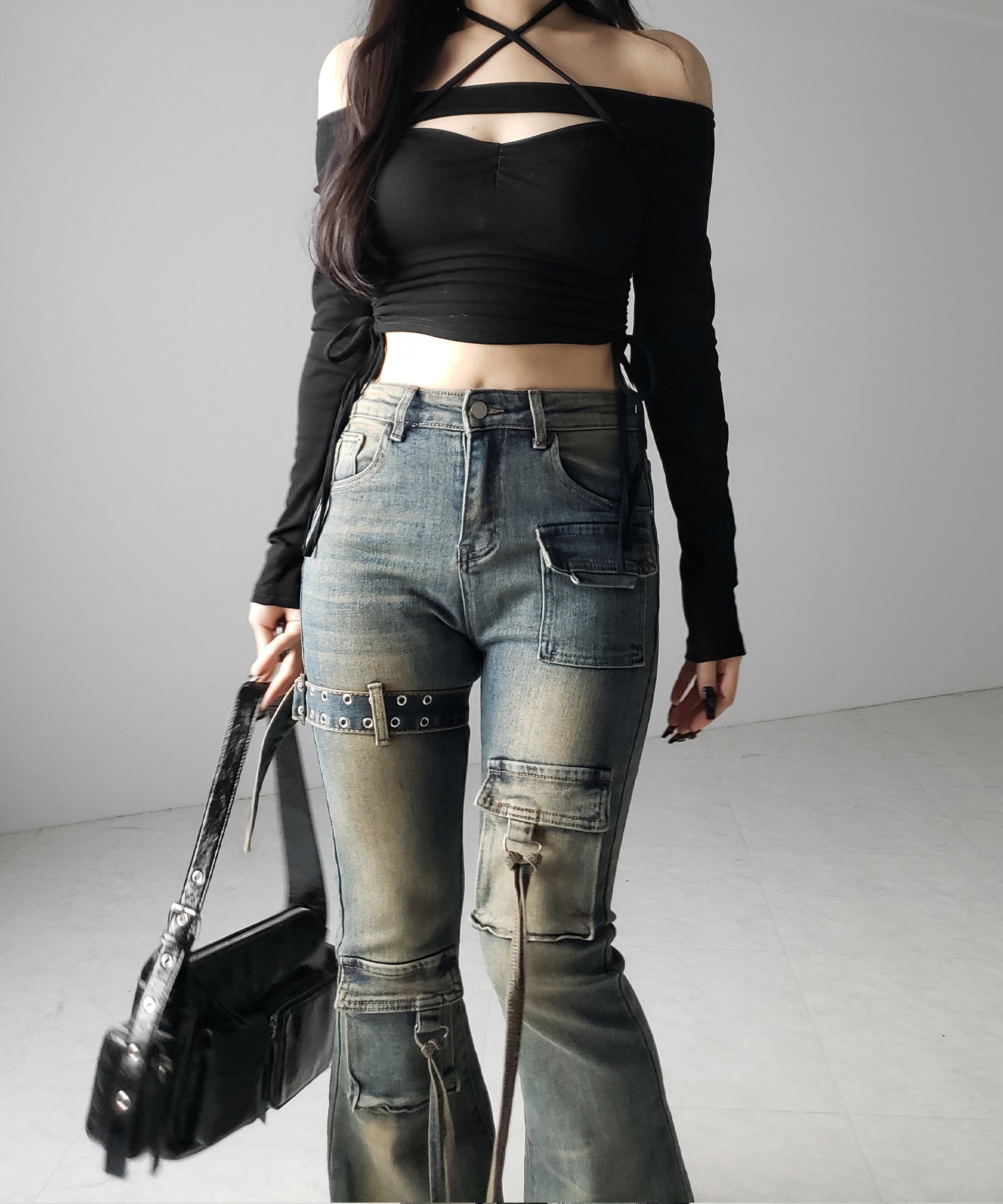 【 2color / 4size 】ベルテッドアウトポケットヴィンテージフレアデニム / belted out pocket vintage flare denim