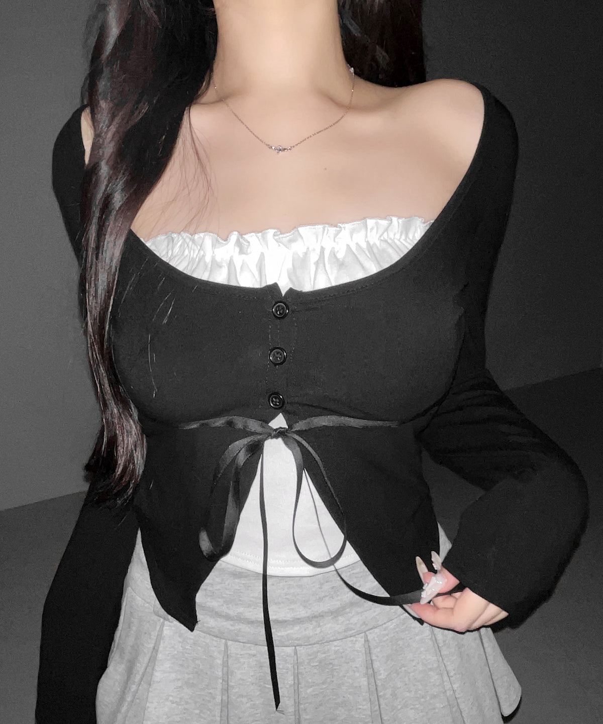 フリルレイヤードリボンカーディガントップス / frill layered ribbon cardigan tops