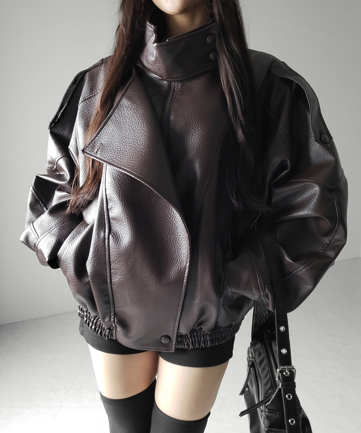 ヴィンテージフェイクレザースタンドカラージップアップブルゾン / 2WAY vintage fake leather stand collar zipup blouson
