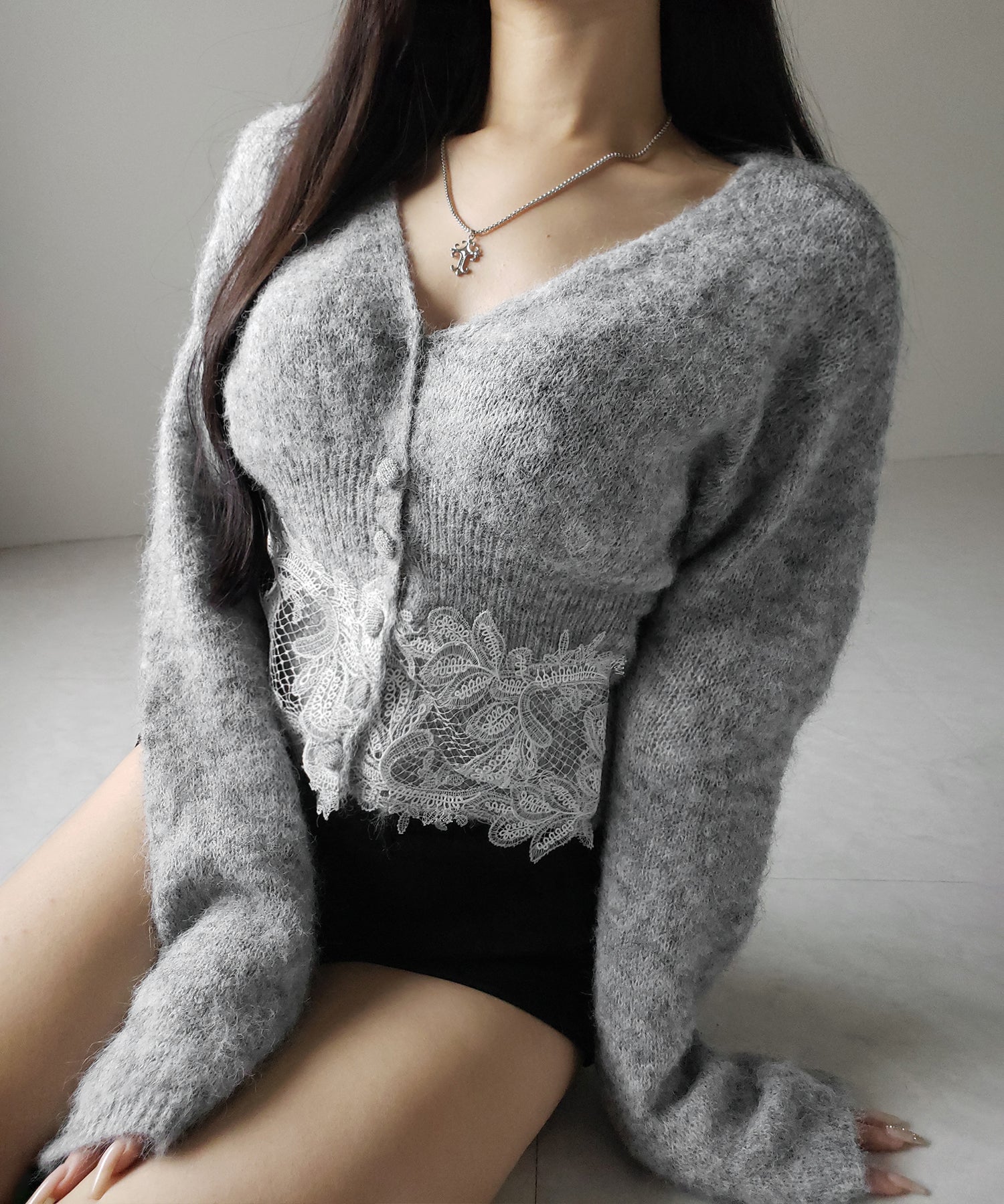 レースドッキングモヘアライクニットカーディガン / Lace docking mohair-like knit cardigan