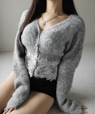 レースドッキングモヘアライクニットカーディガン / Lace docking mohair-like knit cardigan