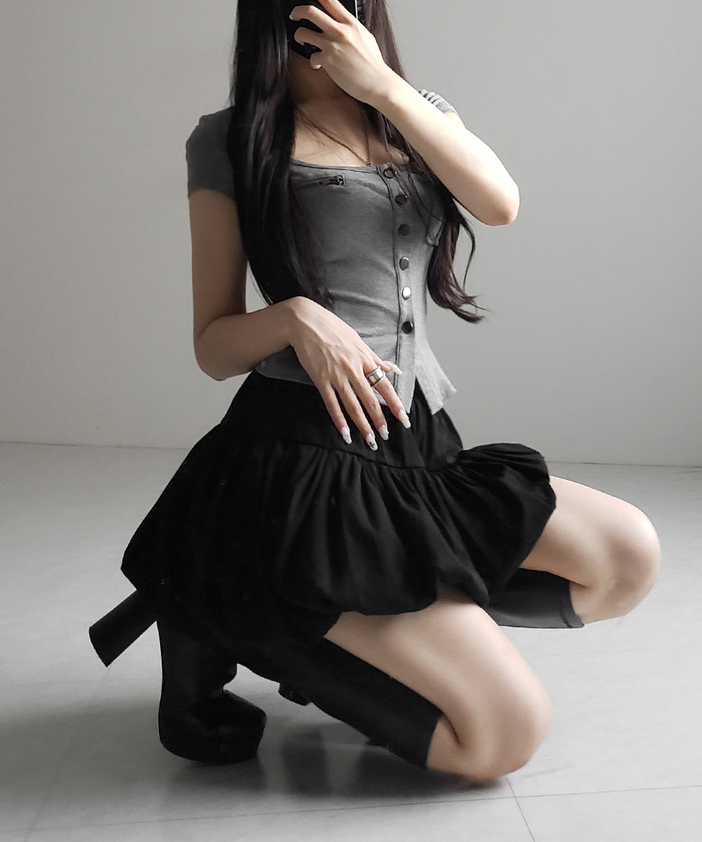 【 2color /インパン裏地付き 】ティアードコットンバルーンミニスカート / tiered cotton balloon mini skirt