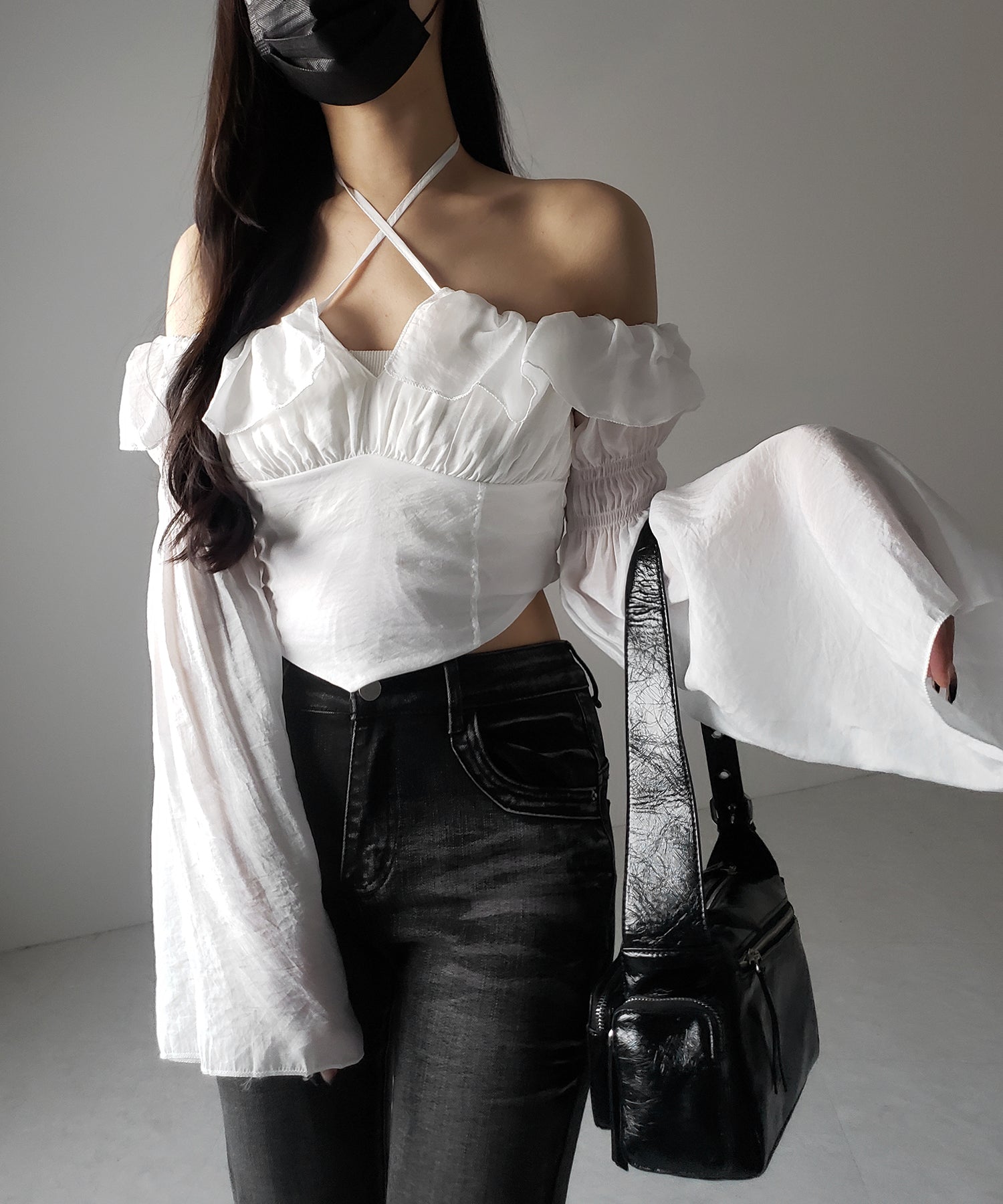 【3WAY 】チョーカーリボンフレアスリーブオフショルブラウス / choker ribbon flare sleeve off-shoulder blouse