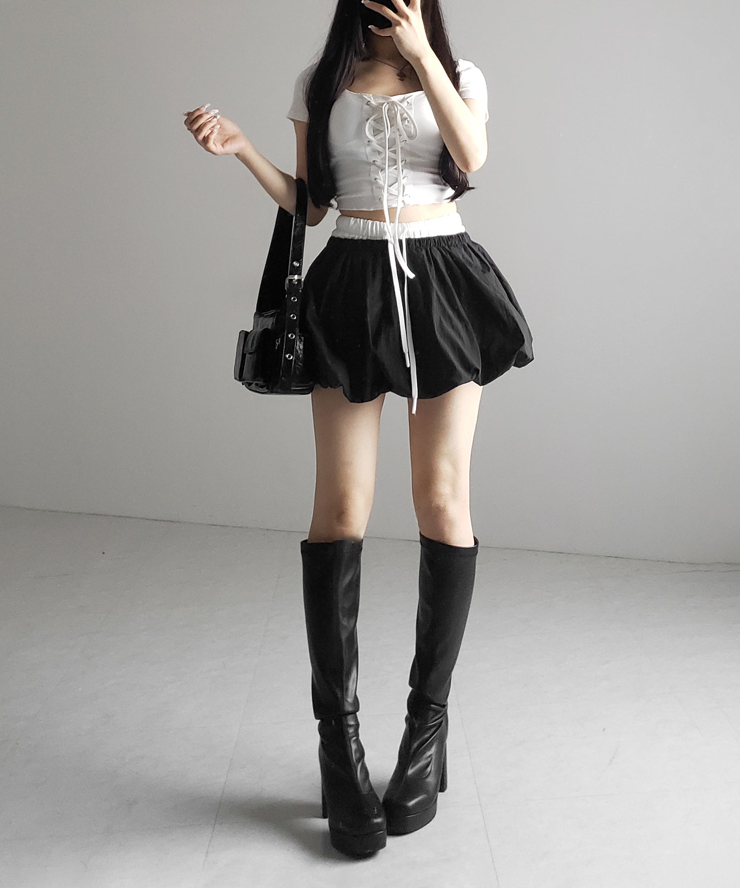 【 2color /インパン裏地付き 】フェイクレイヤードコットンバルーンミニスカート / fake layered cotton balloon mini skirt