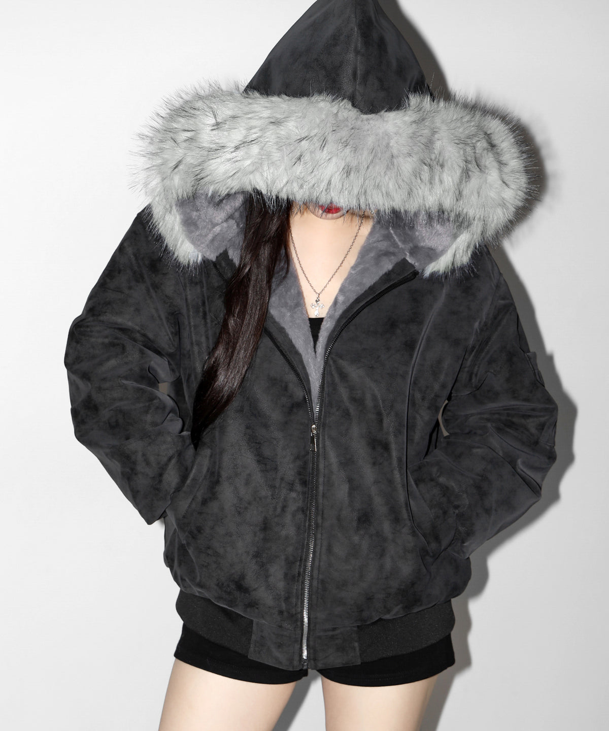 ファーフードヴィンテージフェイクレザーオーバーブルゾン / fur hooded vintage fake leather over blouson