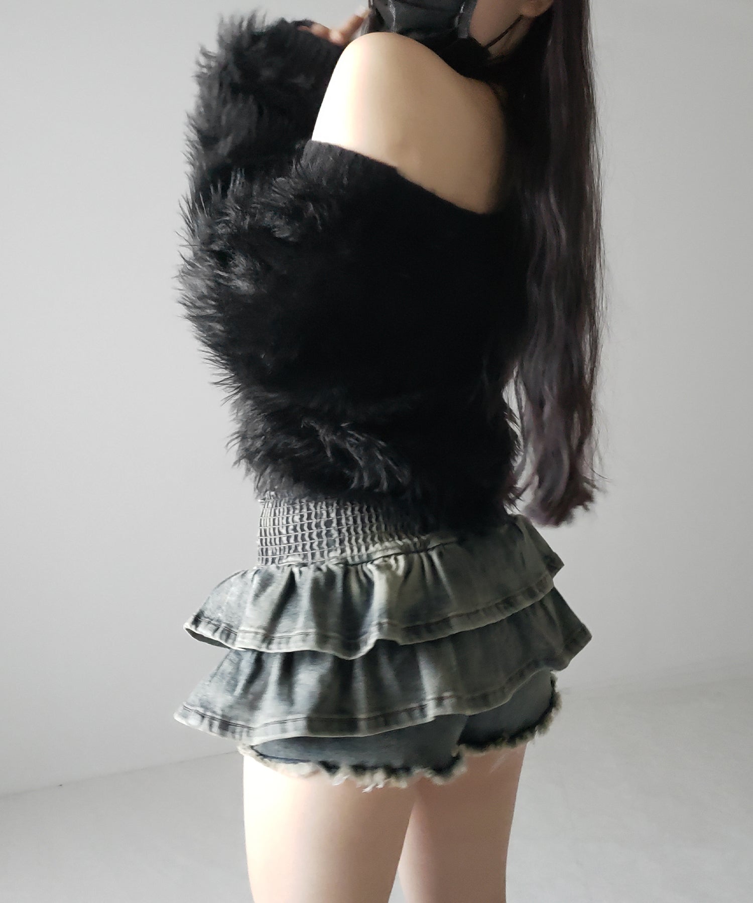 【 2color 】ベルテッドフリルヴィンテージデニムミニスカパン / Belted frill vintage denim mini skirt pants