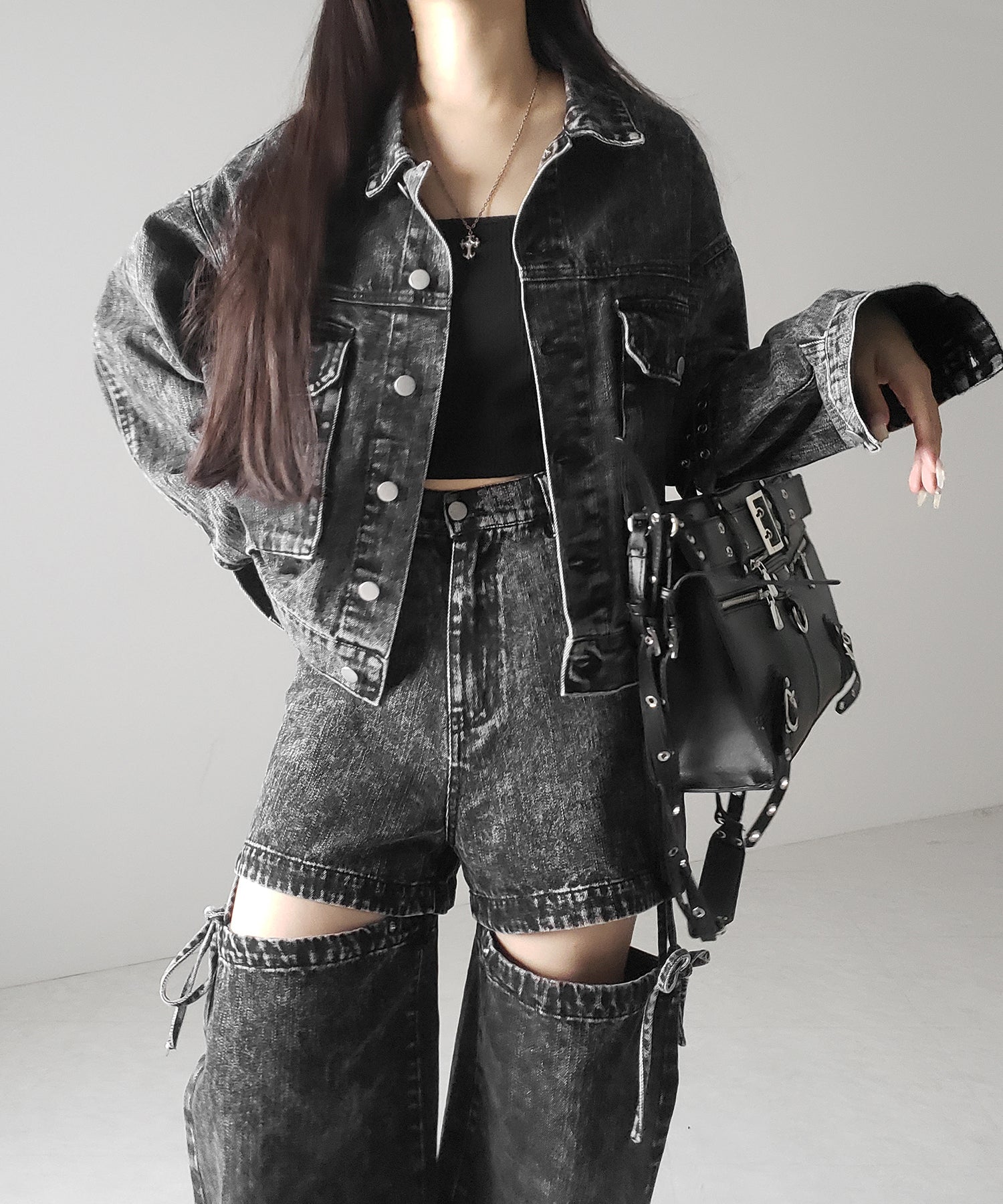 【 セットアップ着用可能 】2WAYヴィンテージケミカルブリーチカットアウトリボンデニム / 2WAY vintage chemical bleach cutout ribbon denim