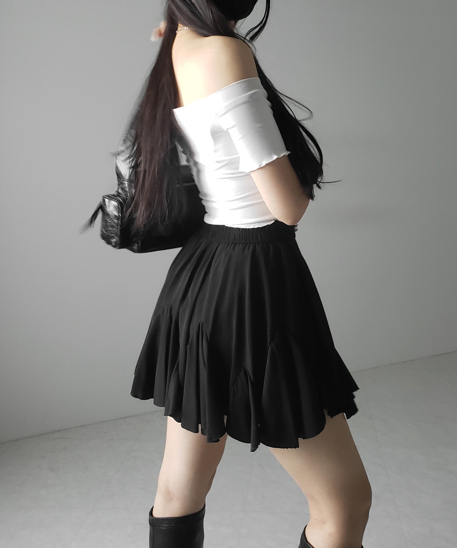 【 2color /インパン裏地付き 】ハイウエストドレープフレアミニスカート / high waist draped flare mini skirt