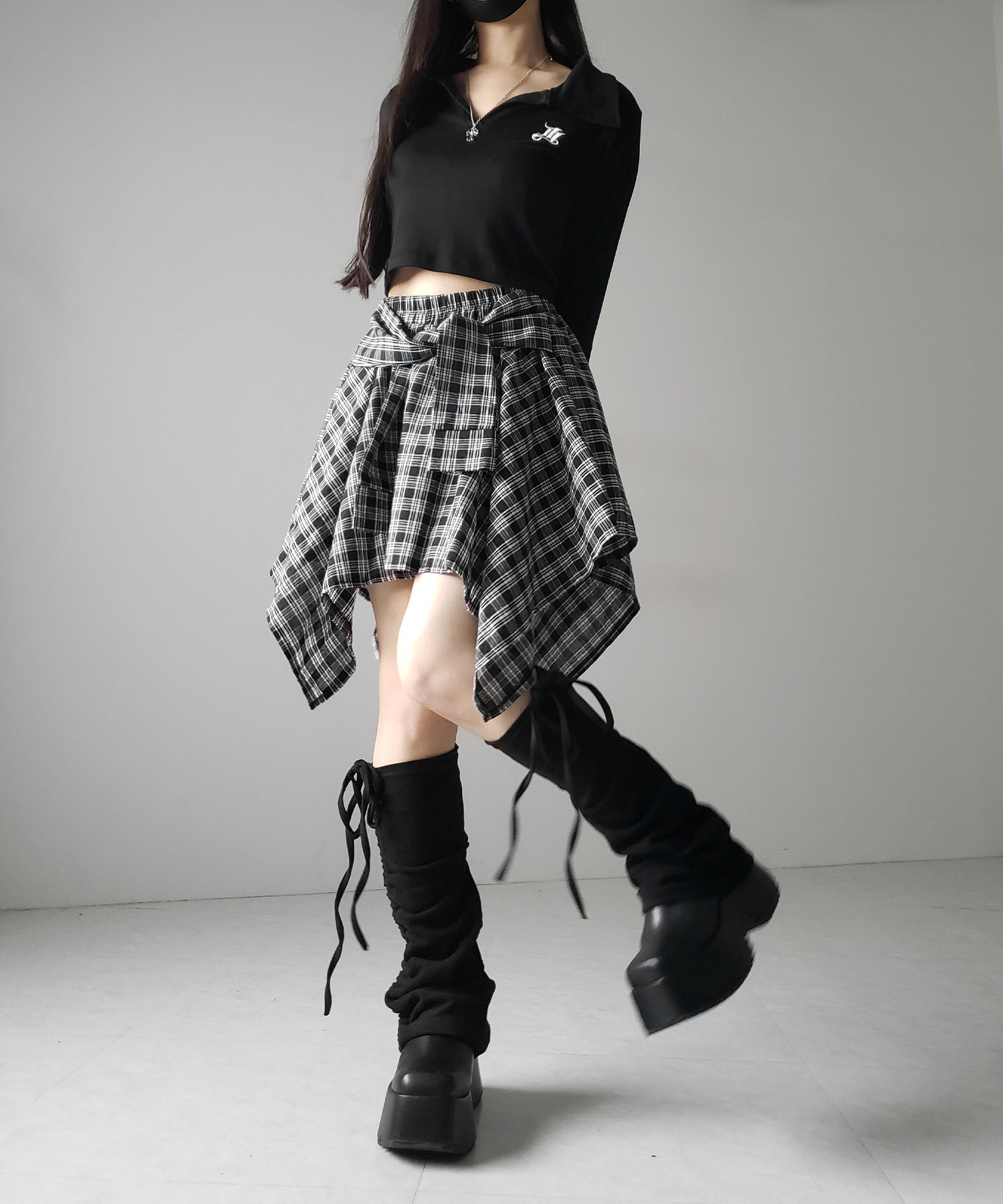 【 選べる2素材/インナーパンツ裏地付 】シャツレイヤードチェックミニスカート / shirt layered check mini skirt
