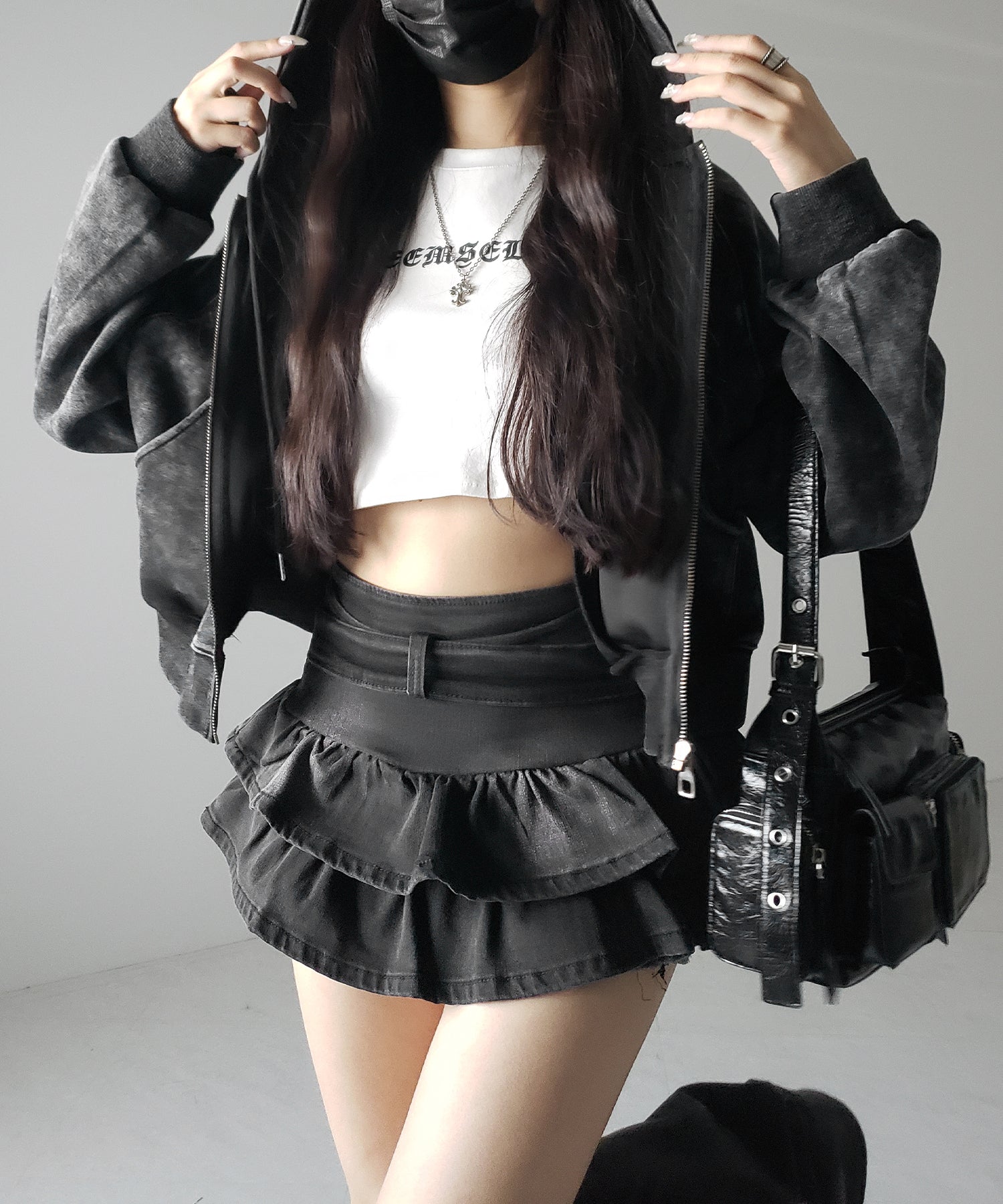 【 2color 】ベルテッドフリルヴィンテージデニムミニスカパン / Belted frill vintage denim mini skirt pants