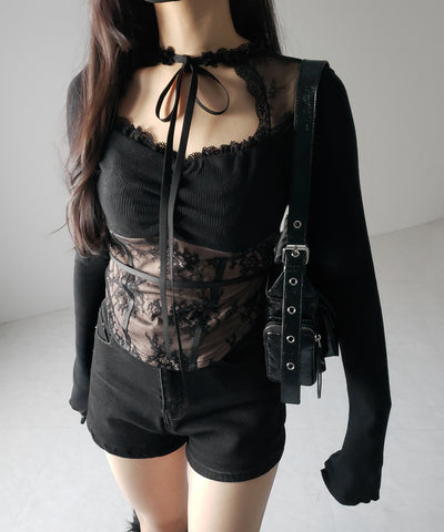 チョーカーネックリボンレーシーカットソートップス / choker neck ribbon lacy cutsaw tops