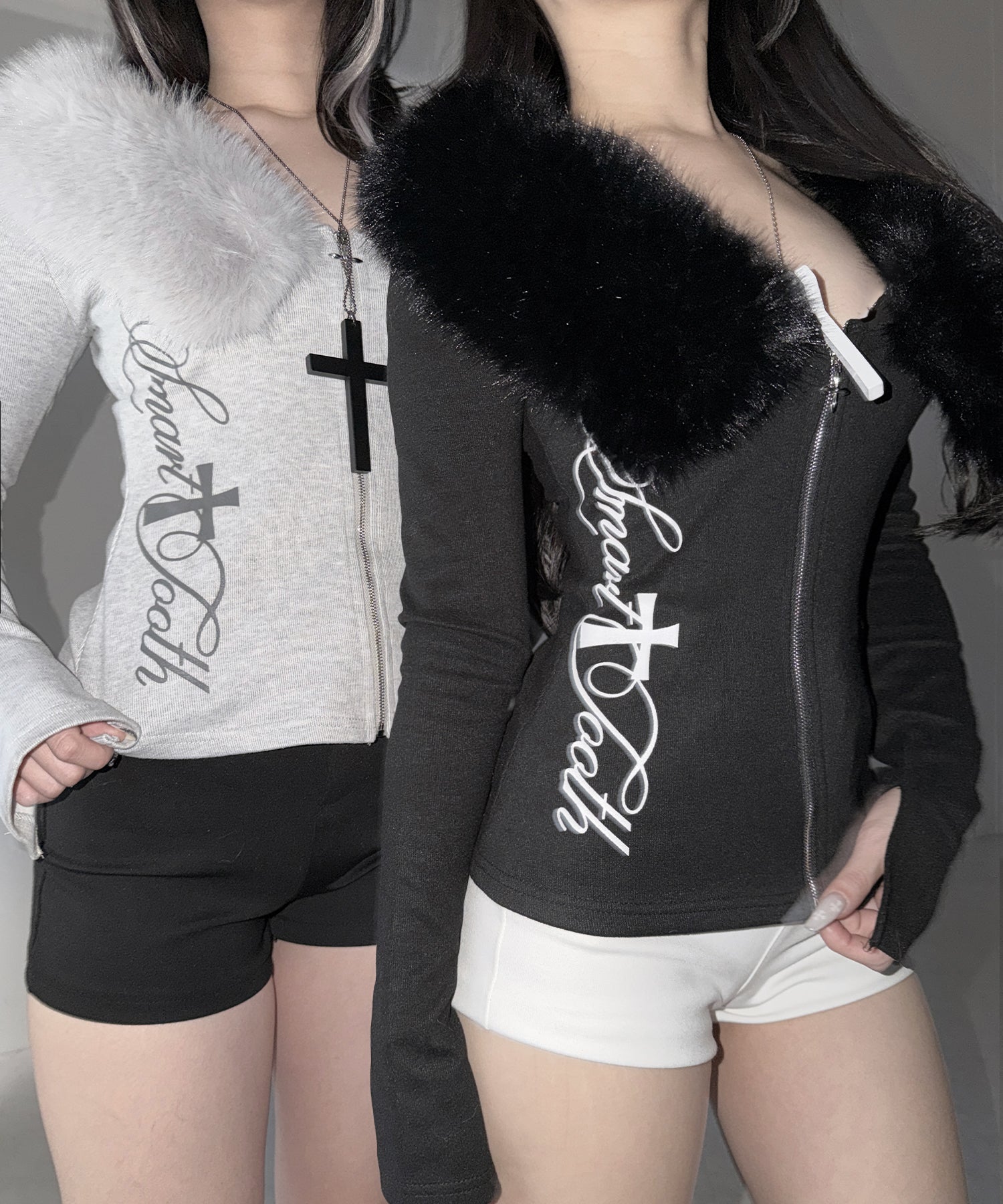 ファー襟クロスロゴジップアップリブカーディガン / fur collar cross logo zipup rib cardigan