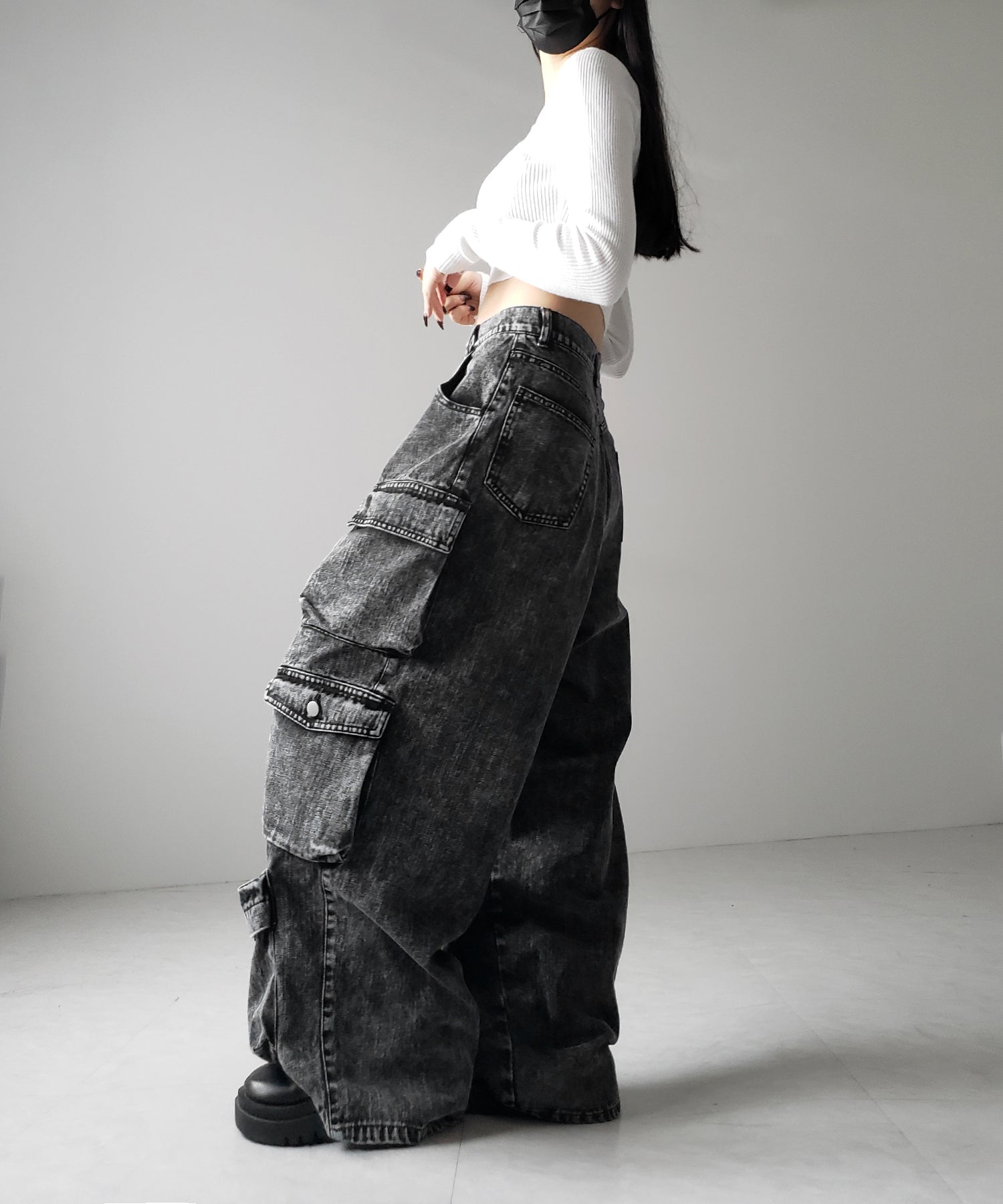 【 デニムセットアップ着用可能 】ヴィンテージケミカルブリーチヘビーワイドカーゴデニム / vintage chemical bleach heavy wide cargo denim