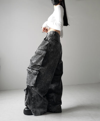 【 デニムセットアップ着用可能 】ヴィンテージケミカルブリーチヘビーワイドカーゴデニム / vintage chemical bleach heavy wide cargo denim