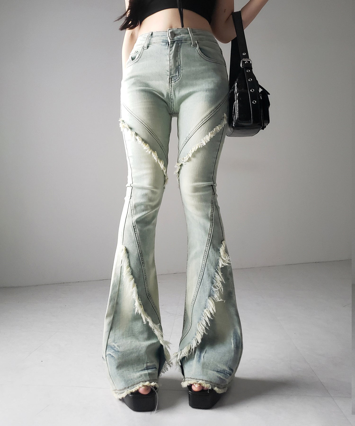 フリンジデザインヴィンテージライクストレッチフレアデニム / fringe design vintage-like stretch flare denim
