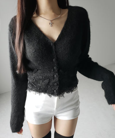 レースドッキングモヘアライクニットカーディガン / Lace docking mohair-like knit cardigan