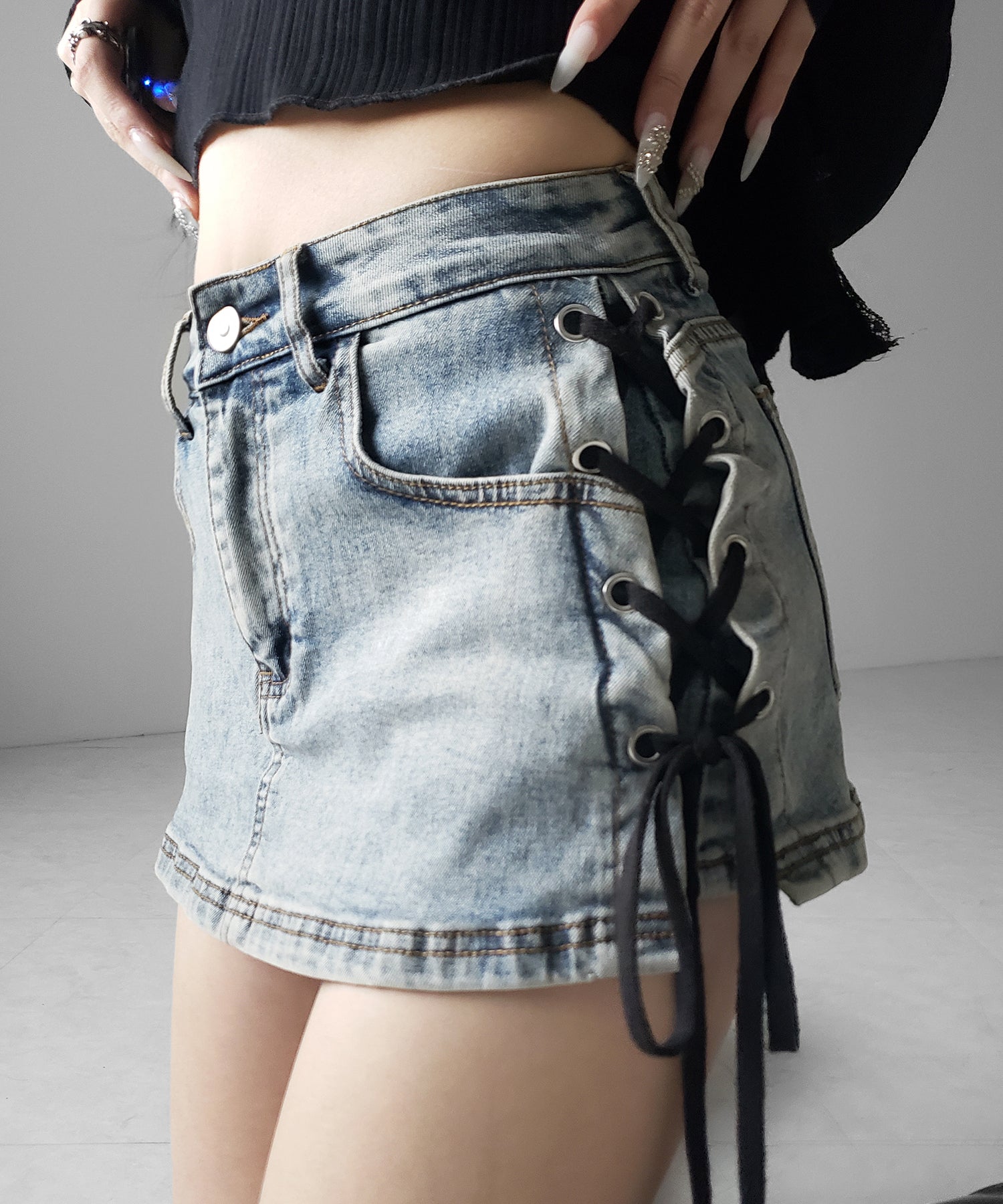 【 インパン裏地付き 】レースアップマイクロデニムミニスカパン / Lace-up micro denim mini skirt pants