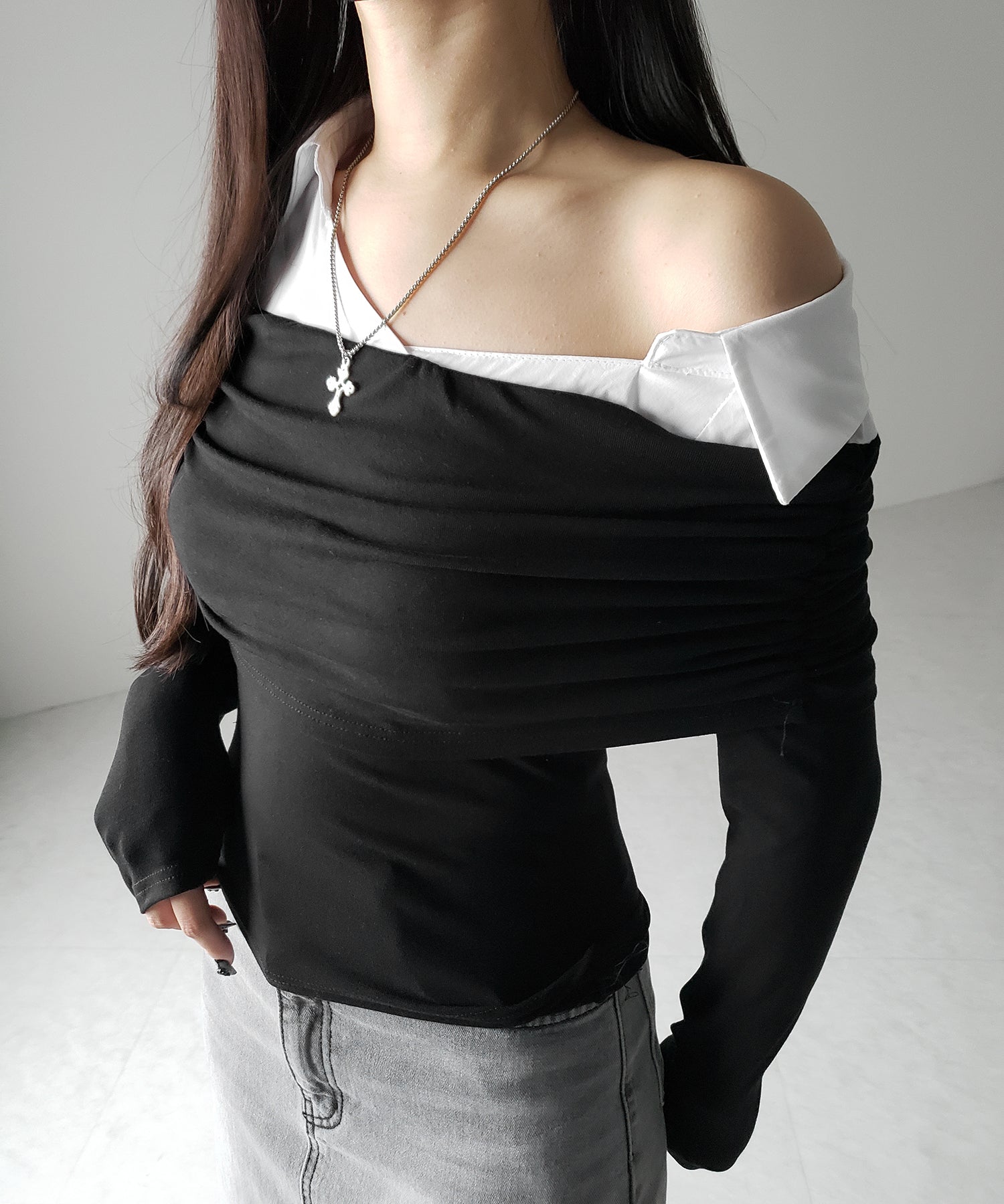 【 2color 】シャツドッキングワイドオフショルトップス / shirt docking wide off shoulder tops