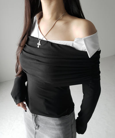 シャツドッキングワイドオフショルトップス / shirt docking wide off shoulder tops