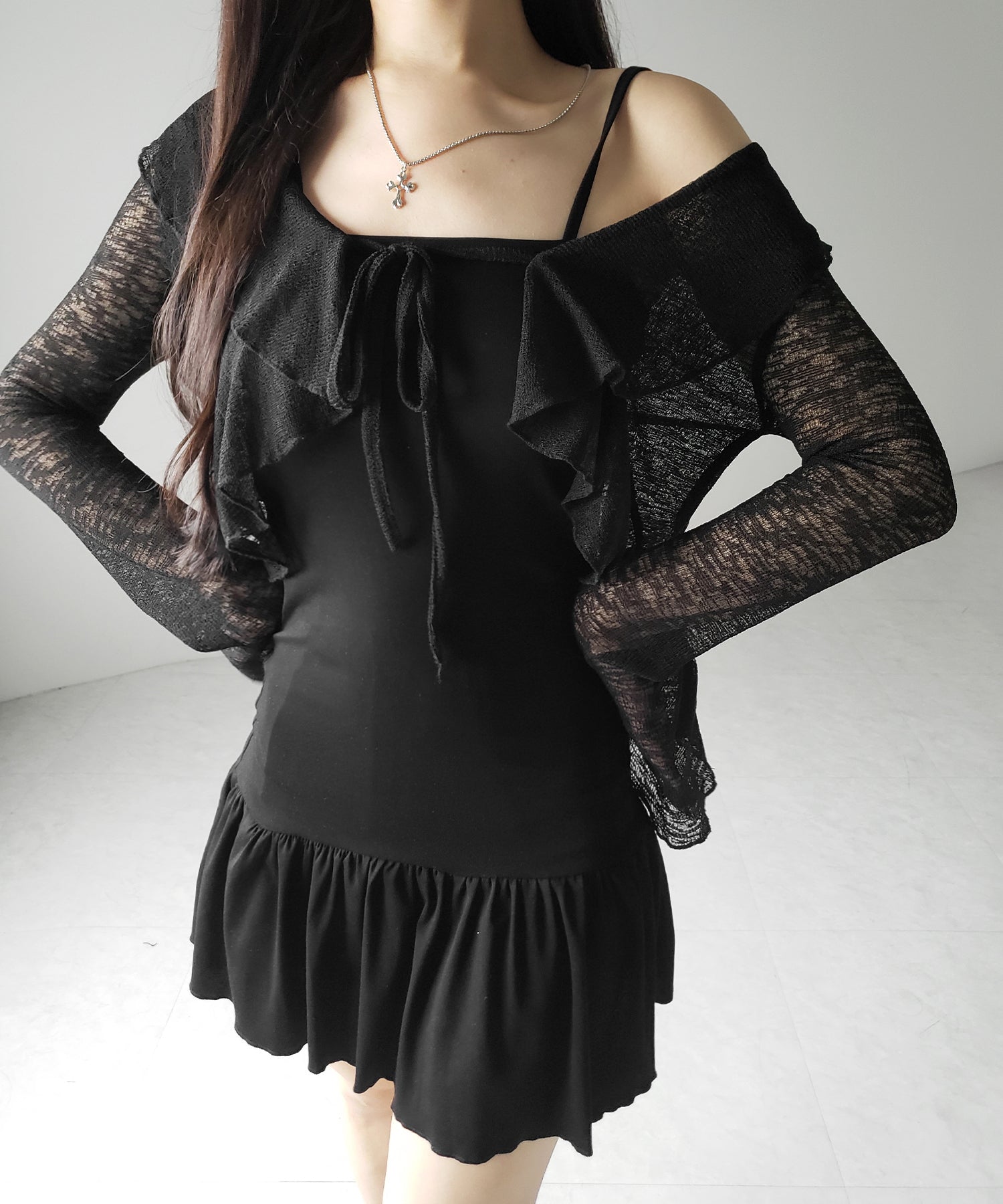 【 2点セット 】フレアキャミワンピ &シアーフリルリボンカーディガン ワンホンセットアップ / flare camisole onepiece & sheer frill ribbon cardigan wanghong SETUP