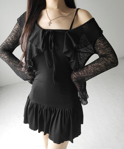 【 2点セット 】フレアキャミワンピ &シアーフリルリボンカーディガン ワンホンセットアップ / flare camisole onepiece & sheer frill ribbon cardigan wanghong SETUP