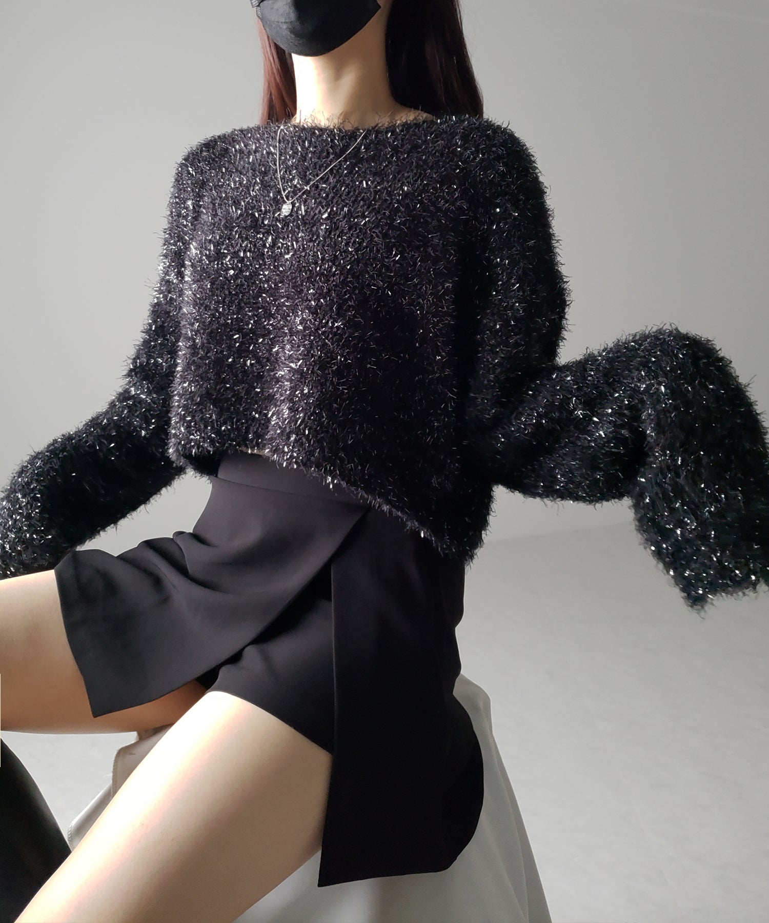 【 2color 】ラメシャギーショートニットトップス