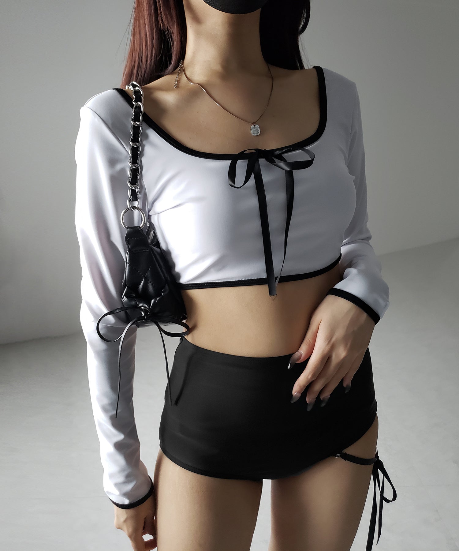 【 レディース水着/2点セット 】フロントリボンモノトーンハイウエストビキニ / front ribbon monotone high waist bikini