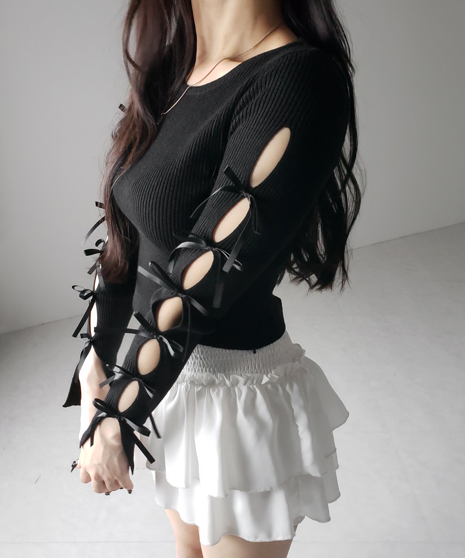 【 2color 】カットアウトリボンショートリブニット / cut out ribbon short rib knit