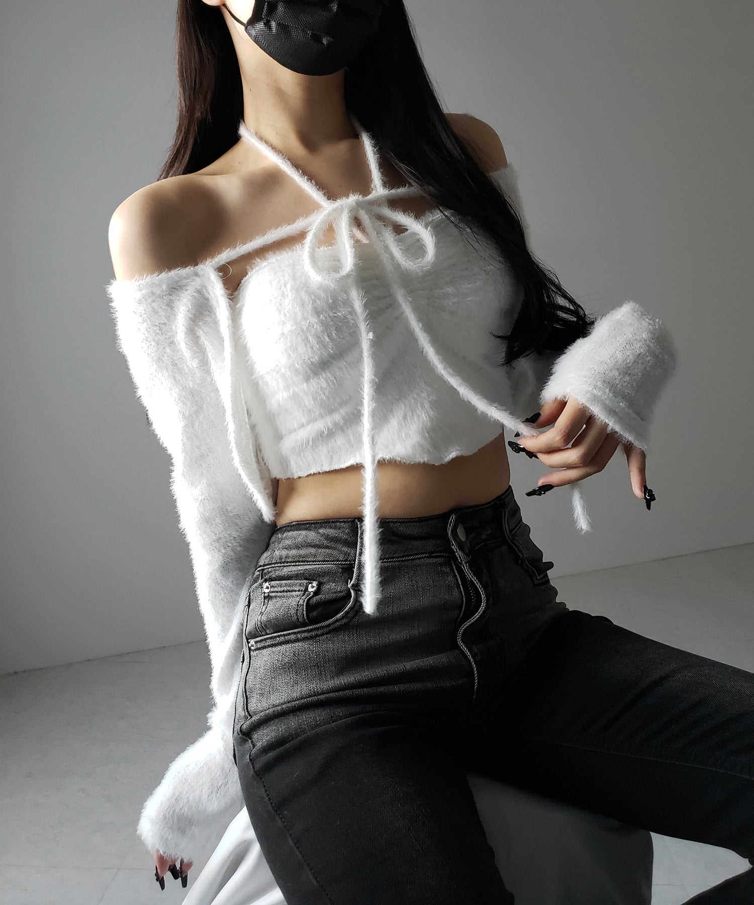 【 2点セット 】シャギーリボンベアトップス & ショートシャギーカーディガン SET / Shaggy ribbon bare tops & short shaggy cardigan