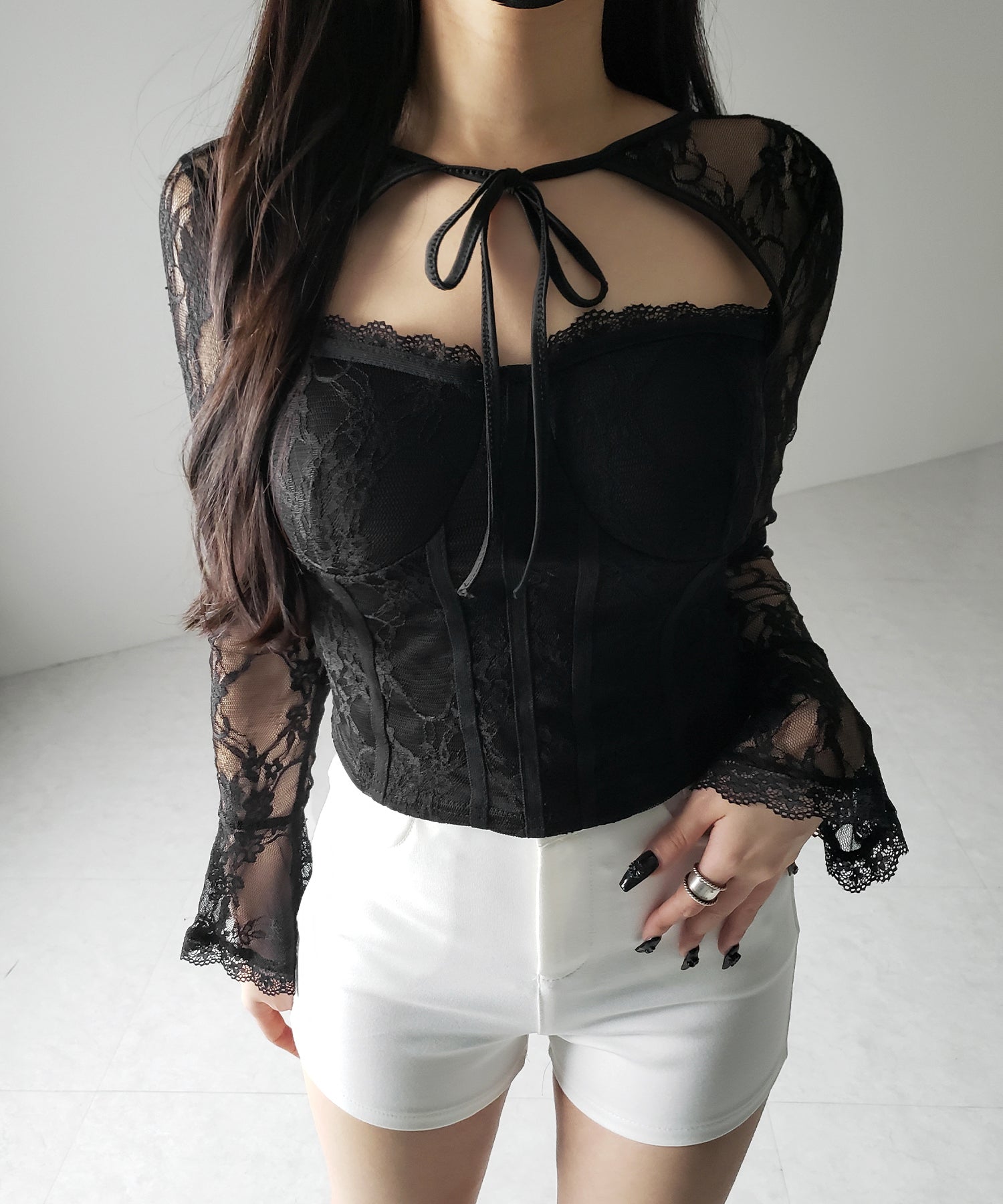 【 2color 】チョーカーネックリボンコルセットレーストップス / choker neck ribbon corset lace tops