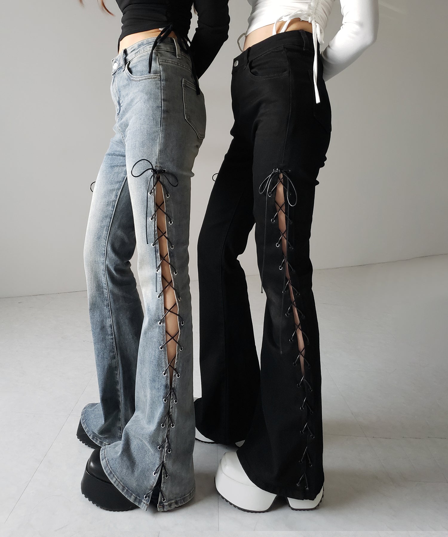 レースアップカットアウトストレッチフレアデニム / lace up cutout stretch flare denim