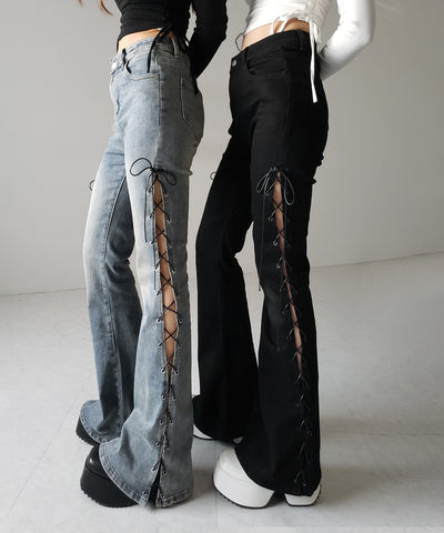 レースアップカットアウトストレッチフレアデニム / lace up cutout stretch flare denim