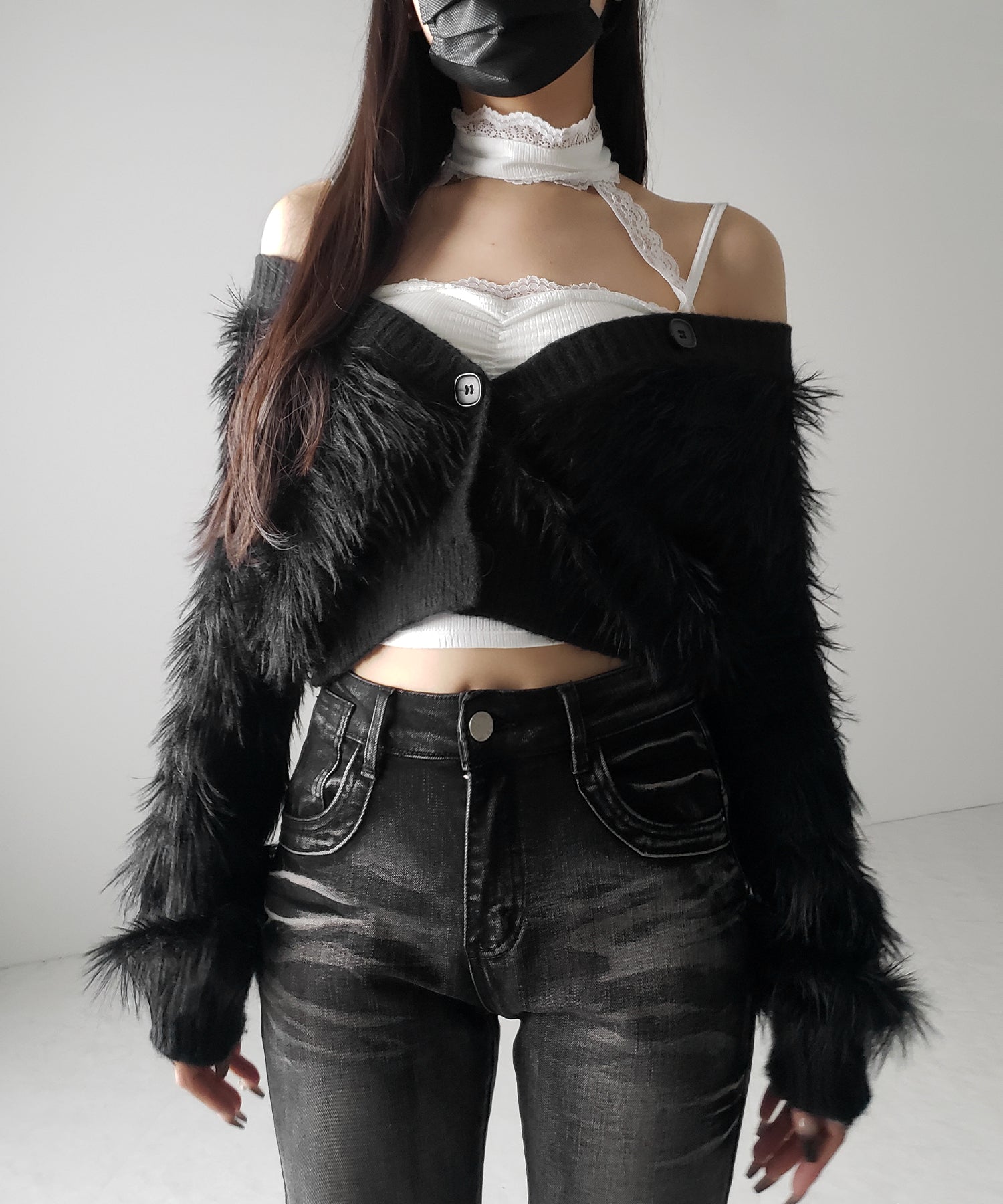 【 カップ付 】レースチョーカーストラップリブキャミソール / lace choker strap lib camisole