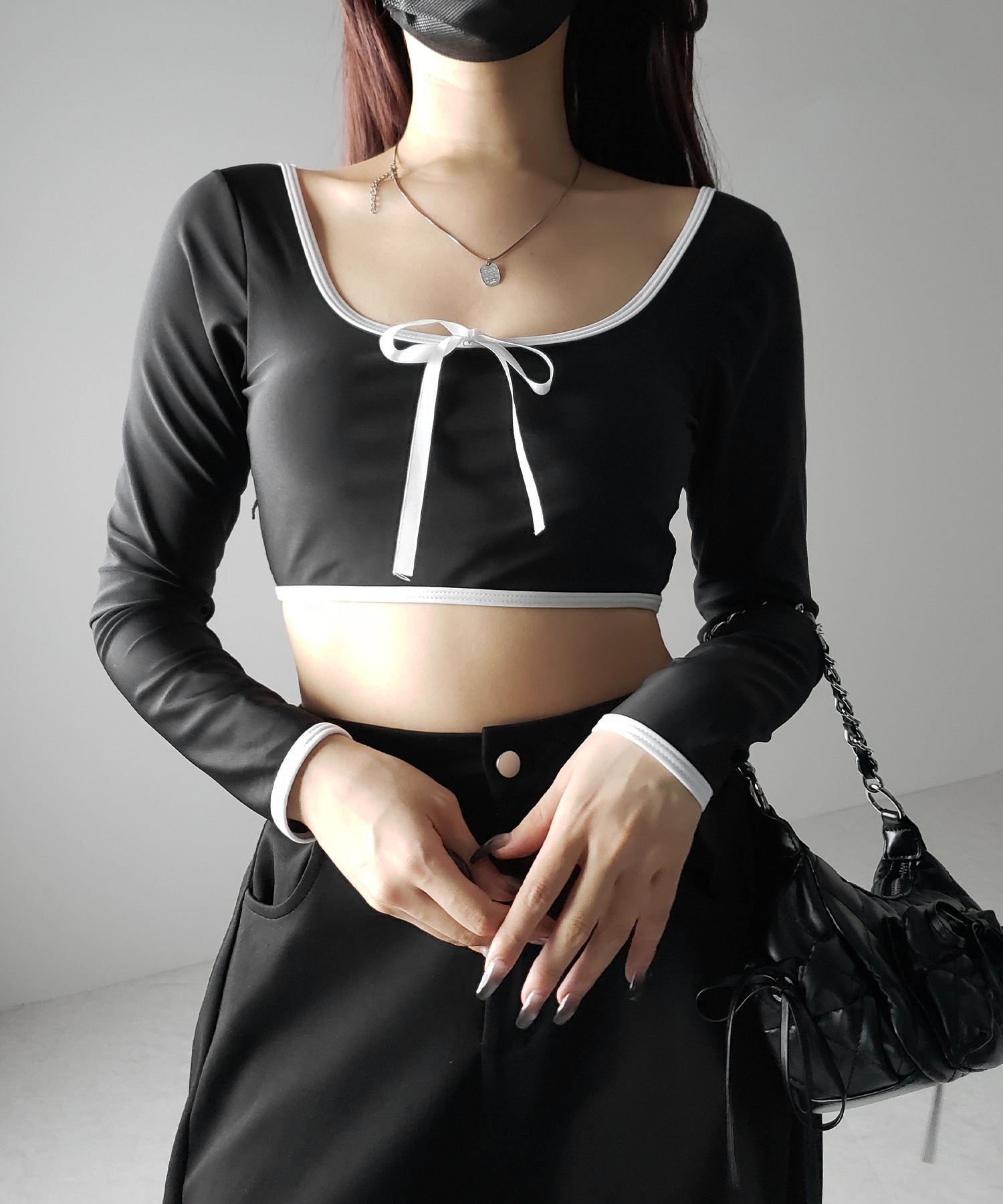 【 レディース水着/2点セット 】フロントリボンモノトーンハイウエストビキニ / front ribbon monotone high waist bikini