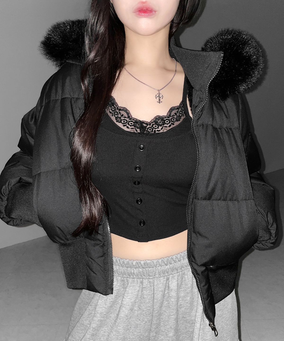 レースキャミスクエアネック長袖リブTシャツ / Lace camisole square neck long-sleeve ribbed T-shirt