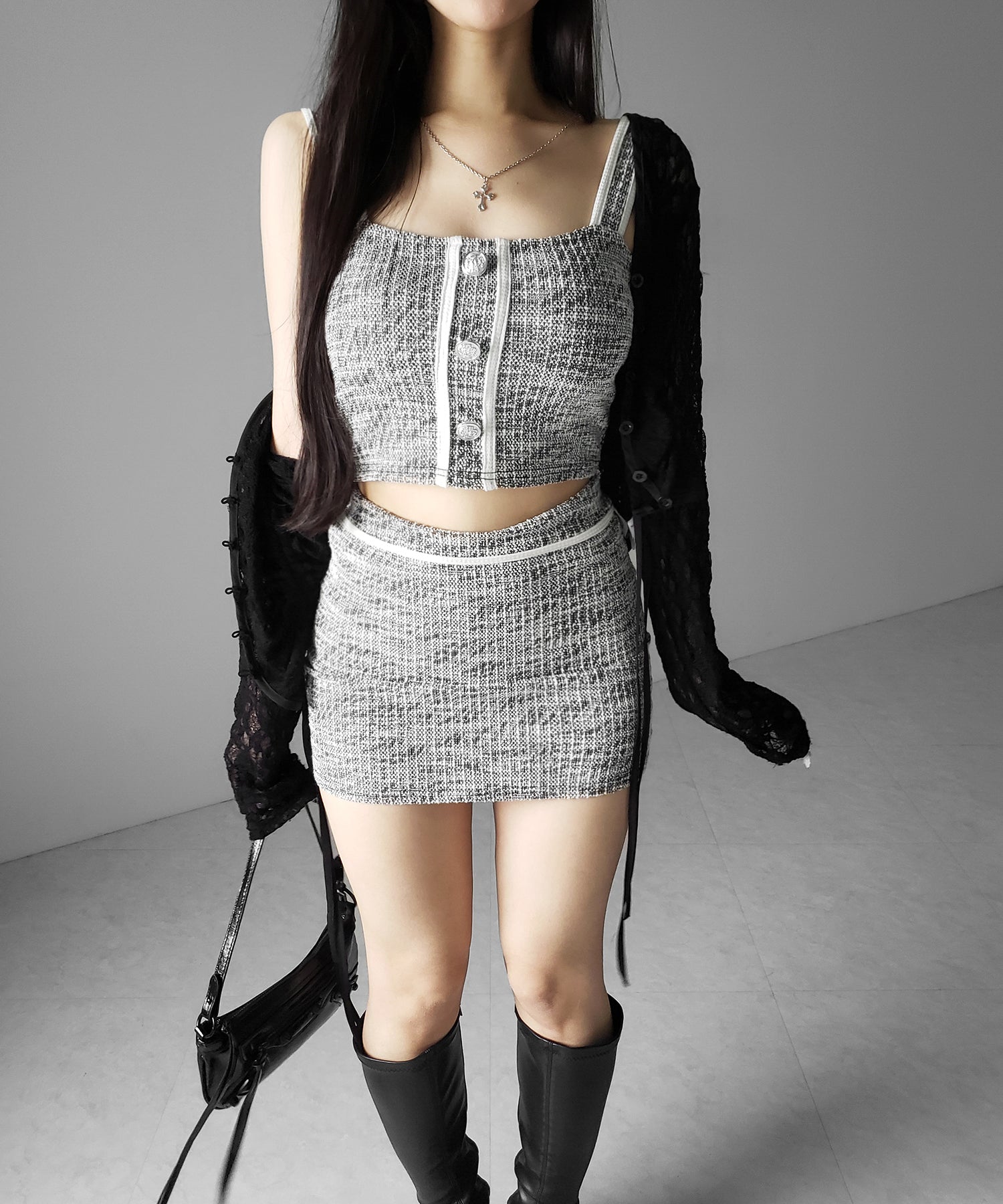 【 セットアップ】ツイードボタンショートビスチェ + ミニスカート SET / 【 SETUP 】tweed button short buister + mini skirt SET