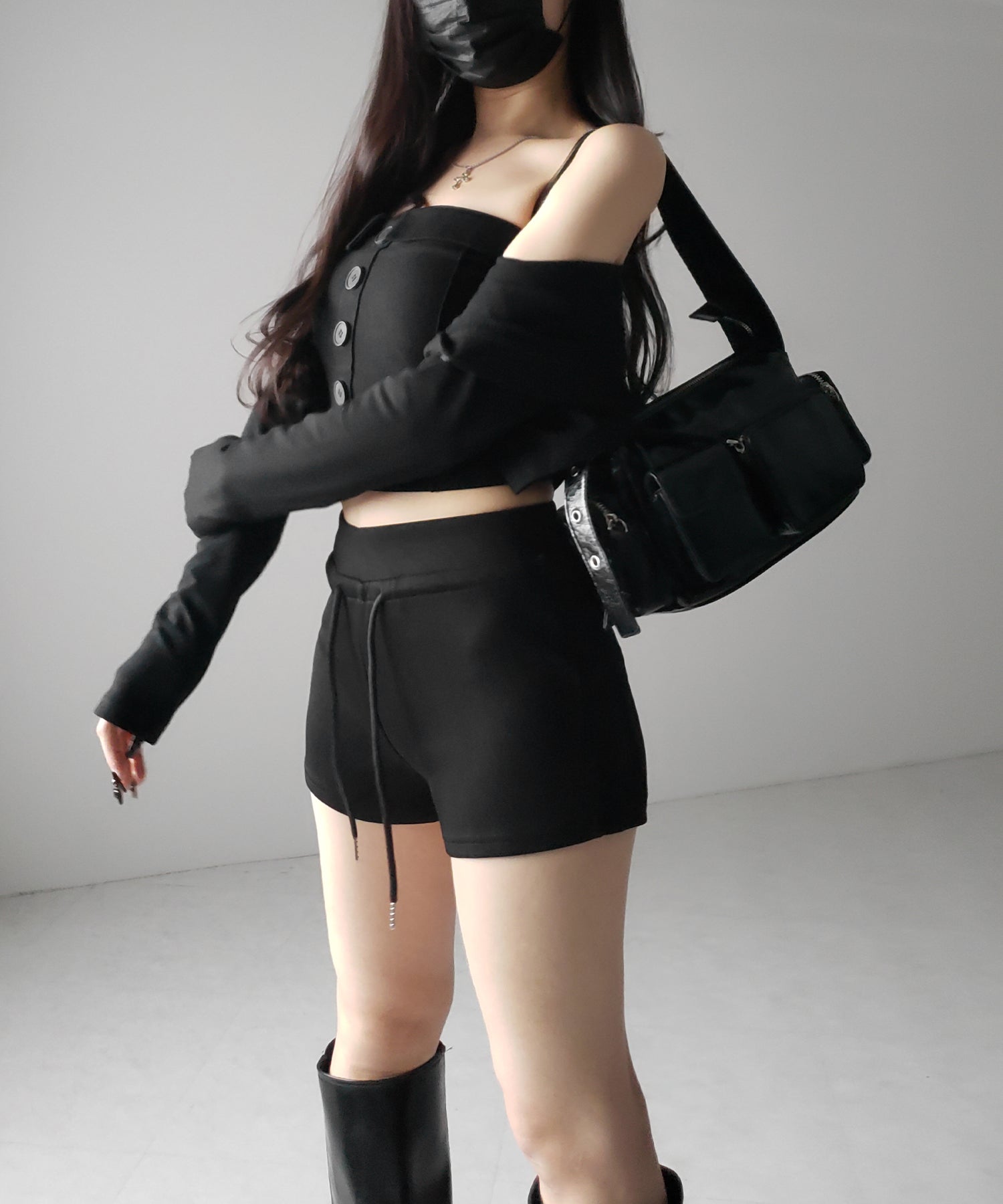 【 2点セット 】フロントボタンベアトップ + クロップドカットソーカーディガン SET / front button bare top + cropped cutsaw cardigan SET