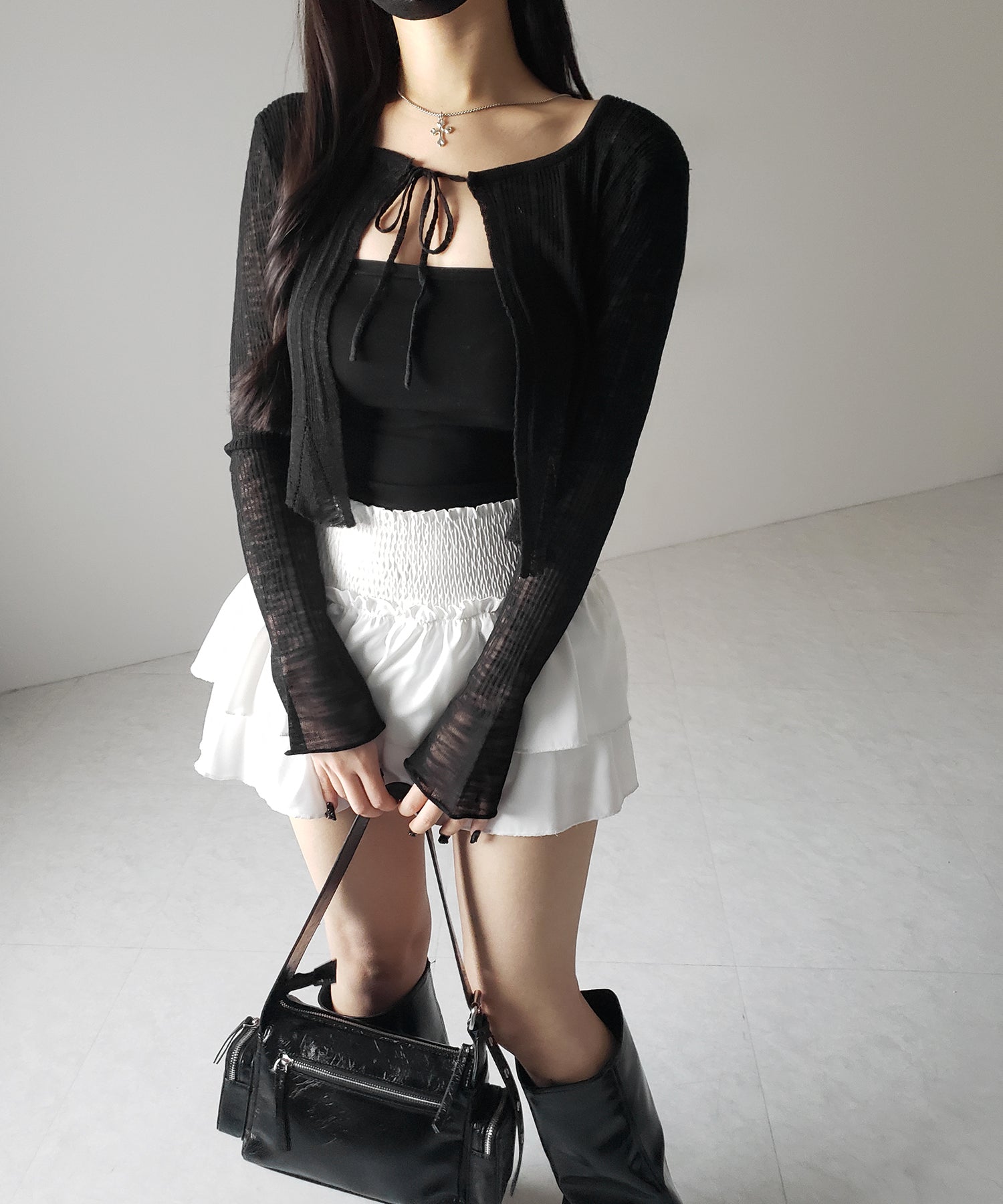 【 2color 】フロントリボンシアーニットショートカーディガン / front ribbon sheer knit short cardigan