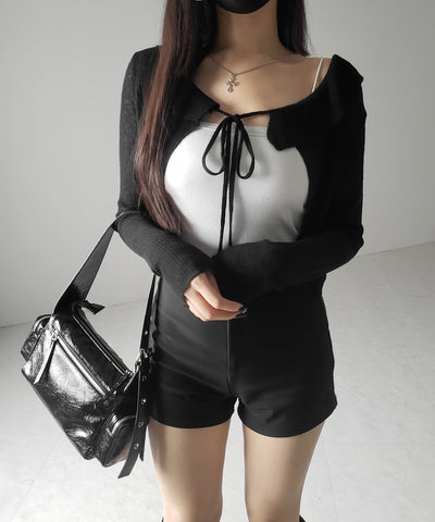 【 2color 】襟付きフロントリボンシアーニットショートカーディガン / collar front ribbon sheer knit short cardigan