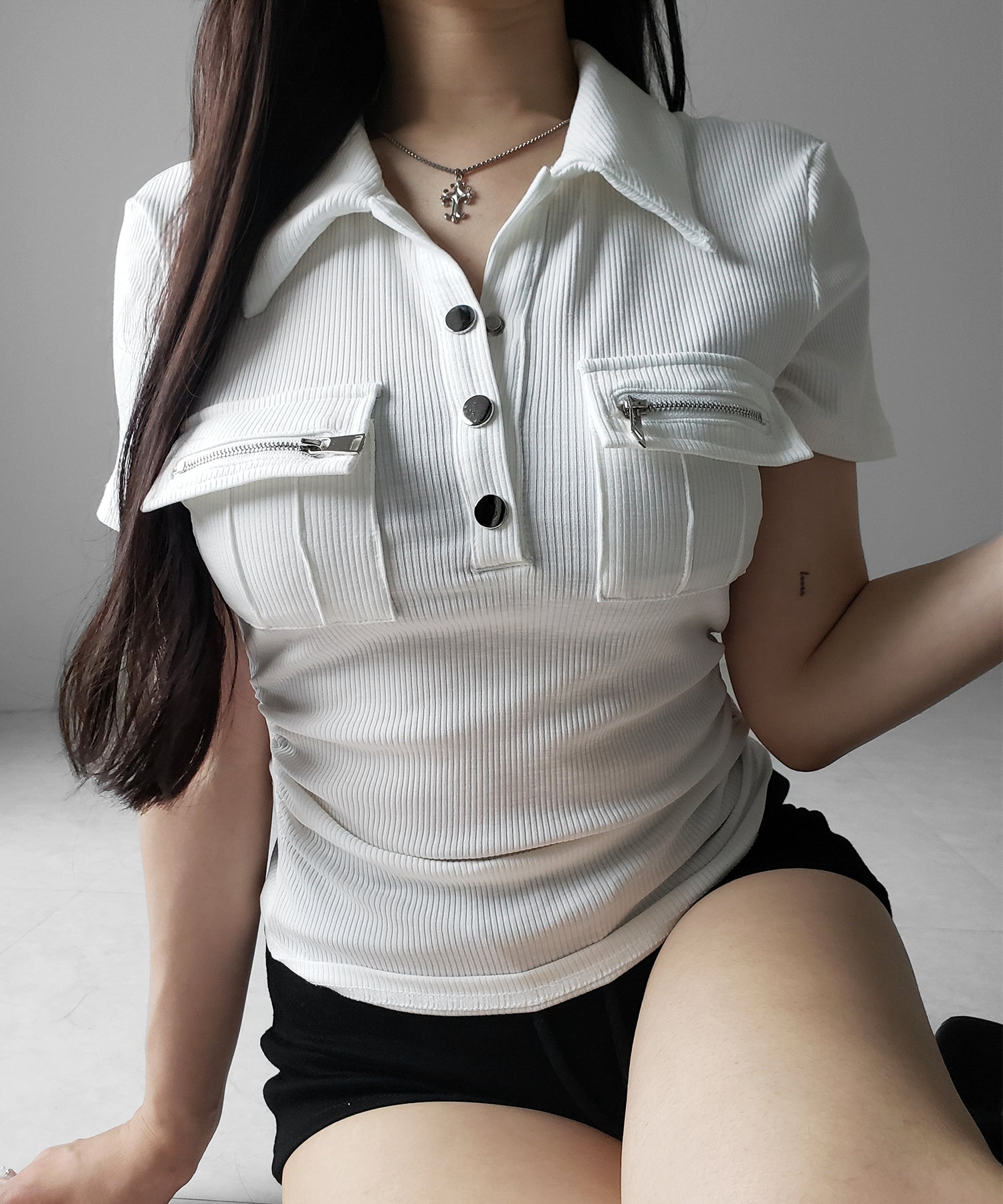 アウトポケットポロネックリブカットソートップス / out pocket polo neck rib cutsew tops