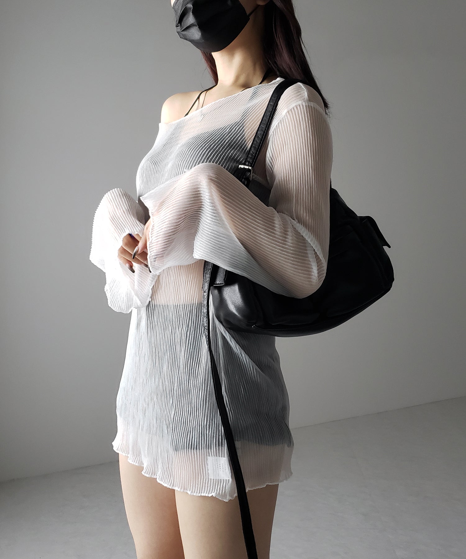 【 レディース水着/3点セット 】シアートップス付き フロントリボンホルターネックハイウエストビキニ / sheer tops set front ribbon halter neck high waist bikini