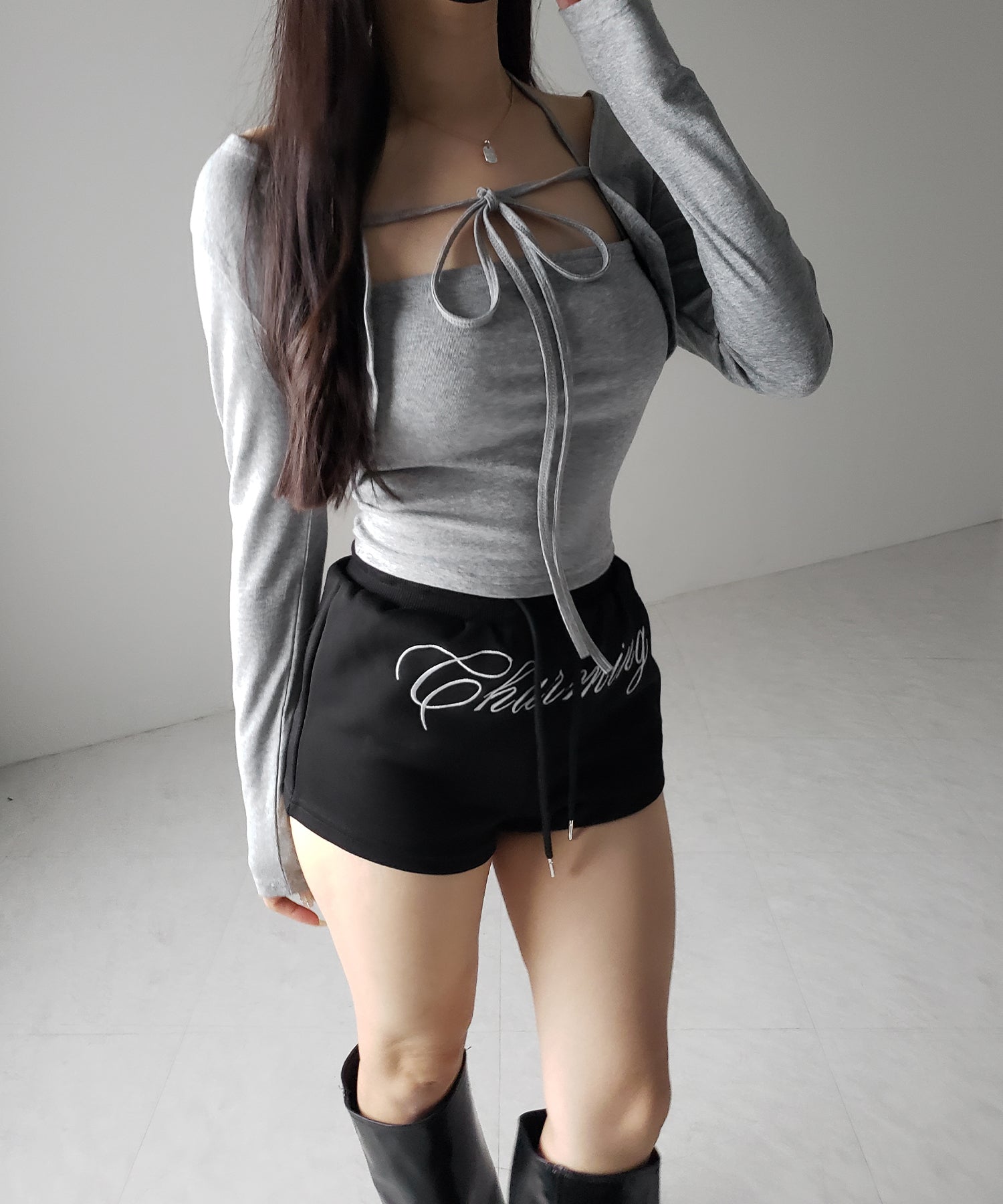【 2点セット 】フロントリボン長袖ショートカーディガン+ ホルターキャミソール SET / front ribbon longsleeve short cardigan + halter camisole SET