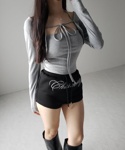 【 2点セット 】フロントリボン長袖ショートカーディガン+ ホルターキャミソール SET / front ribbon longsleeve short cardigan + halter camisole SET