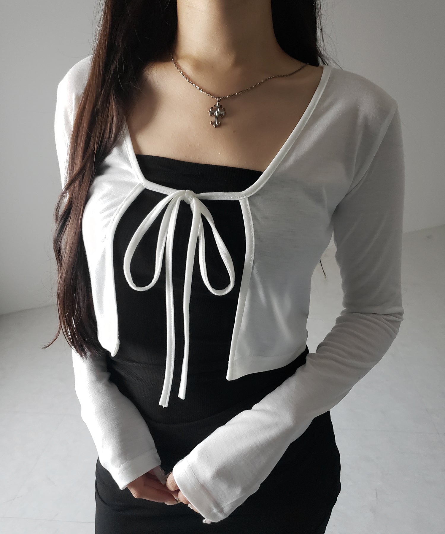 【 2color 】フロントリボンカットソーショートカーディガン / front ribbon cutsew short cardigan