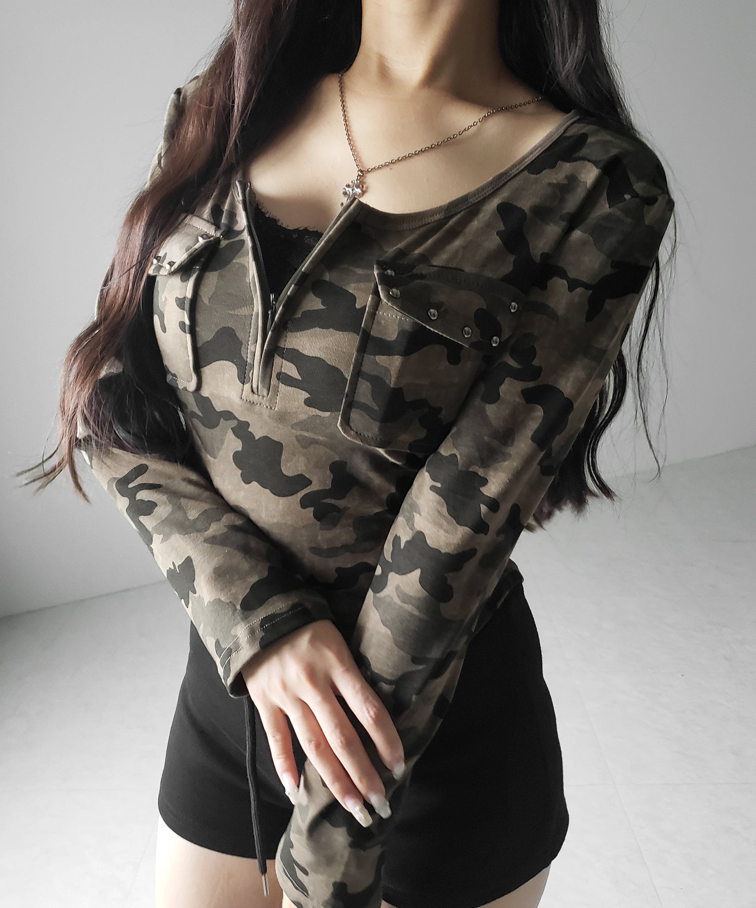 ヴィンテージカモフラアウトポケットジップロンT / vintage camouflage out pocket zip longsleeve T-shirt