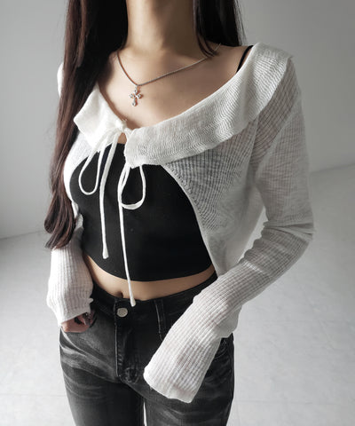 【 2color 】襟付きフロントリボンシアーニットショートカーディガン / collar front ribbon sheer knit short cardigan